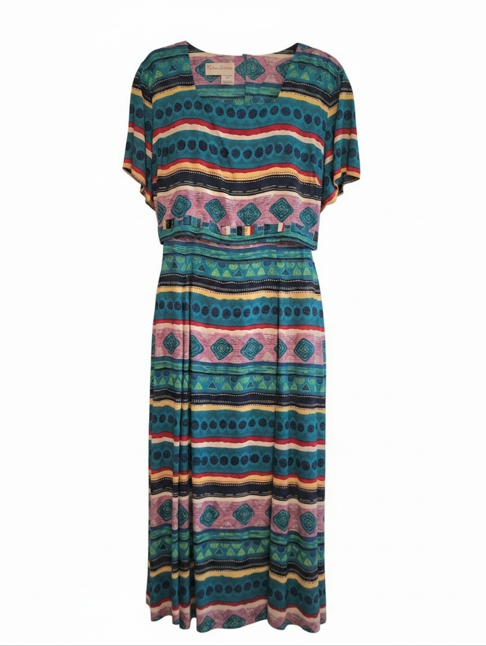 Petite Midi Dress, Colorful Geometric Pattern, Square Neckline, Tie-Back Waist